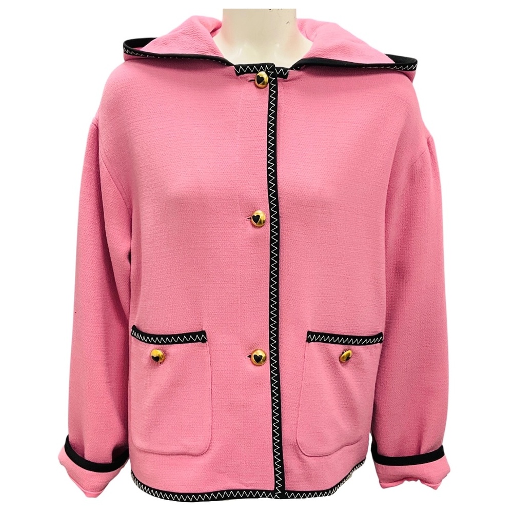 MOSCHINO COUTURE PINK / BLACK TRIM BUTTON FRONT HOODED JACKET WITH GOLD BUTTONS